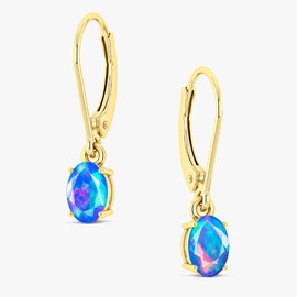 GOODSTONE JEWELS Blue Opal Dangle Drop Earrings for Women Oval Shape | Leverback Earrings | 925 Sterling Silver & Yellow Gold Plated Hypoallergenic Minimalist Jewelry | October Birthstone Jewelry Gift for Her