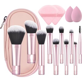 15 Piezas Brochas para Maquillaje con 10 Brochas, 2 Esponjas, 2 Borlas para Polvos y Bolsa, Set de Brochas para Maquillaje Multiusos es Ideal Tanto para Viajar Como para el Uso Diario (Rosa)