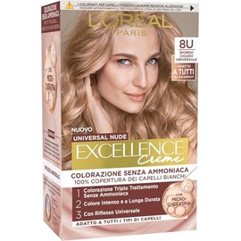 L'Oréal Paris Permanente Coloration, langanhaltende Abdeckung von weißem Haar, natürliches und glänzendes Ergebnis, Ammoniakfreie Formel, Excellence Universal Nude, Farbtöne: Hellblond (8U)