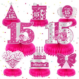 8Pcs Hot Pink 15th Birthday Party Decorations Girls Happy 15th Birthday Table Honeycomb Centerpieces for Table Decor Pink 15th Birthday Table Decorations Topper for Gilrs 15th Party Supplies