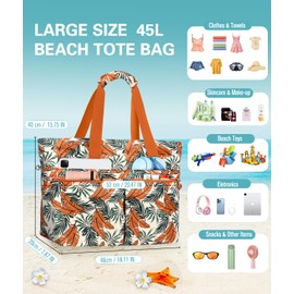 ENONEO Beach Tote Bag with Zipper, Beach Bag for Women's, XXL Family Beach Tote Bag Large Travel Bag Shopper Bag Waterproof Swimming Bag with Wet Compartment for Work Shopping Fitness Travel (Orange)