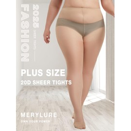 MERYLURE Plus Size Sheer Tights for Women,20D Control Top Pantyhose Reinforced Toes High Waist Stockings 3 Pairs 1XL-6XL