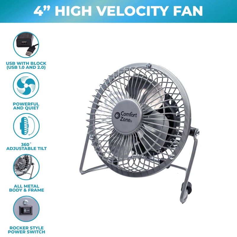 Comfort Zone 4-inch All-Metal Desk Fan with USB or Power