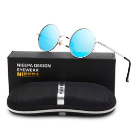NIEEPA John Lennon Gafas de sol redondas polarizadas estilo hippie, pequeñas gafas de sol circulares, Lente azul/marco plateado, Pequeño