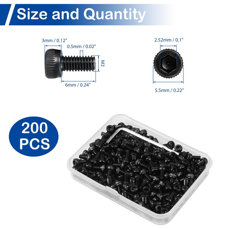 200Pcs M3 x 6mm Hex Socket Head Cap Screws Bolts,