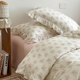 MKXI Floral Duvet Cover Set for Girls 100% Cotton Ruffled Bedding with Pink Blossom Pattern Full Size Sweet Cottagecore Aesthetic Comforter Cover for Teens & Women