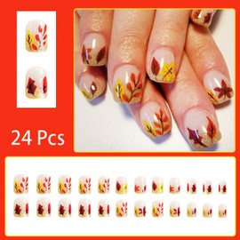 24pcs Fall Press on Nails Short Square Maple Leaf Fake Nails with Glitter Designs Brown Maple Leaves Glue on Nails Reusable Autumn False Nails Full Cover Glossy Acrylic Nails for Women Girl