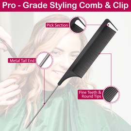 HY DOT Hair Comb - Rat Tail Comb Fine Tooth Pin Tail Comb Sectioning Hairdressing Styling Cutting Parting Tails Comb With Metail Tail & 2 large Sectioning Hair Clips for Women Men Girls By HY DOT