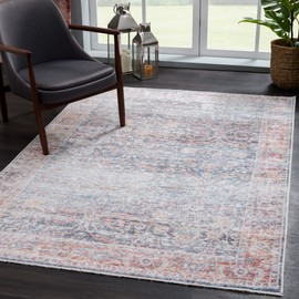 Bloom Rugs Caria Washable Non-Slip 6x9 Rug - Ocean Blue/Brick Traditional Area Rug for Living Room, Bedroom, Dining Room, and Kitchen - Exact Size: 6' x 9'