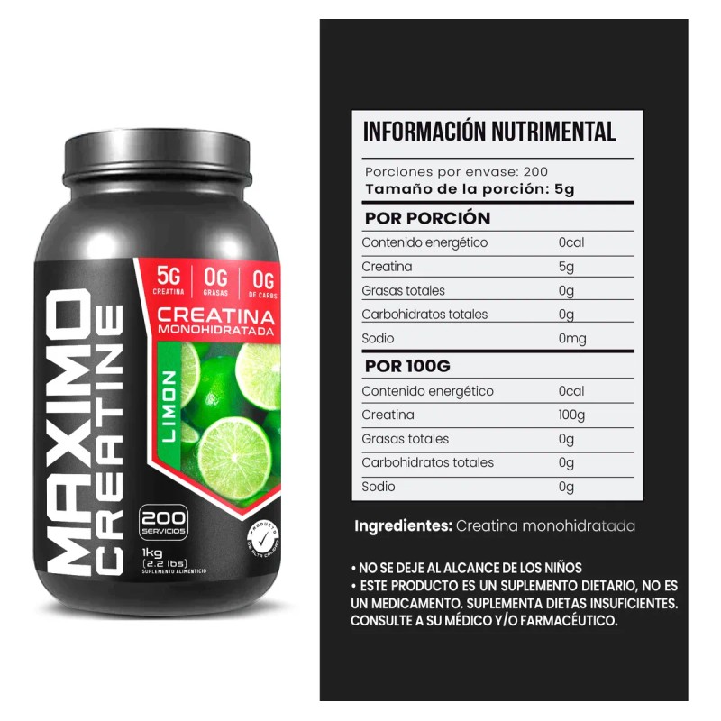 Creatina Monohidratada 1kg Maximo Protein 200 Porciones Limón