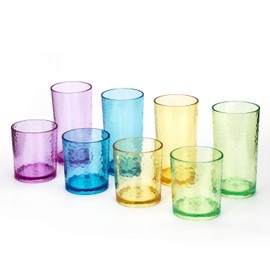 KX-WARE 14-ounce and 20-ounce Acrylic Glasses Plastic Tumbler, set of 8 Multicolor - Hammered Style, Dishwasher Safe, BPA Free
