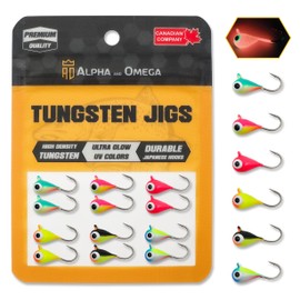 ALPHA and OMEGA - Tungsten Jig KIT (12 Jigs) (5.5mm / Hook #10) Ultra Glow & UV Ice Fishing Jigs Lures Trout Crappie Perch Bluegill Bass Whitefish Walleye (Pack of 12)