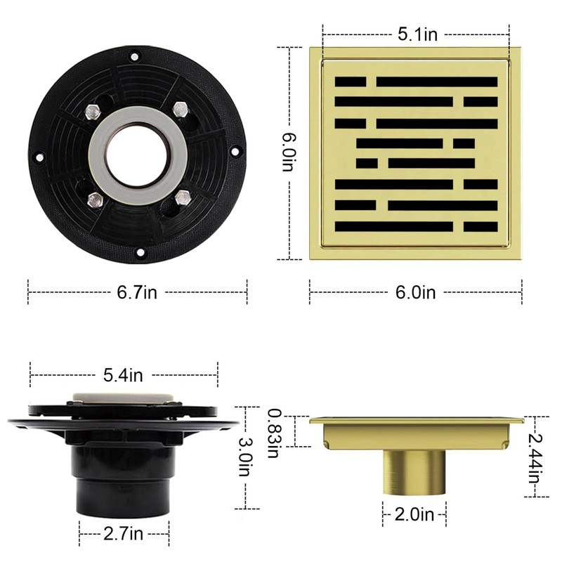6 Inch Square Shower Floor Drain, Shower Drain Kit with