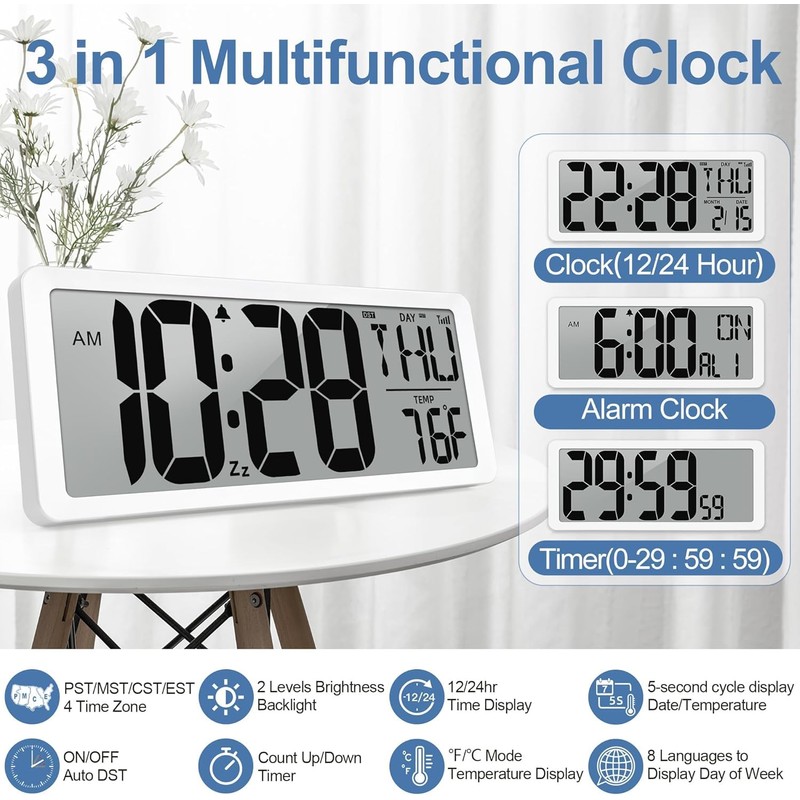 GEELION Atomic Clock with Backlight 15" Digital Wall Clock Battery