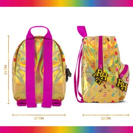 PERLETTI Rainbow High Fahion Backpack for Small Girls - Small Backpack Gold with Bag for Children 4 5 6 Years - Holographic Children's Bag Toddler Nursery with Ruby Poppy Sunny - 21 x 17 x 12 cm, gold