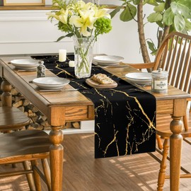 Table Runner 180 x 40 cm Washable Linen Table Runner Modern Black Gold Golden Texture Abstract Tablecloth Runner Spring Summer Art Tablecloth for Dining Room, Dresser, Bedroom