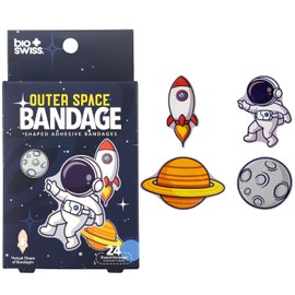 BioSwiss Vendas autoadhesivas con forma de espacio exterior, sin látex, estériles, para el cuidado de heridas, divertidos suministros de botiquín de primeros auxilios para niños y adultos, 24 unidad