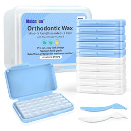 melonsun Braces Wax - 10 Pack (50 Precut Orthowax Strips). Flavorless & Mint. Separate Cases, a Storage Box & 2 Applicator Tools - Food-Grade Premium Wax for Braces Wearer- Stick Better(w/Aloe Vera+Vitamin E)