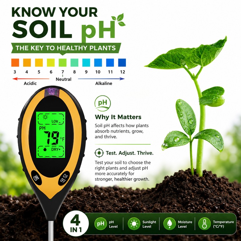 4-in-1 Soil Moisture Meter for Plants, Digital Soil pH Tester