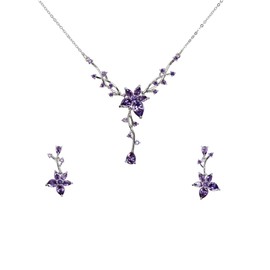 Faship Gorgeous Purple CZ Crystal Floral Necklace Earrings Set - Purple