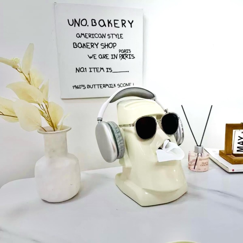Xuirihusi Moai Tissue Box Holder with Headphone Holder, Suitable for