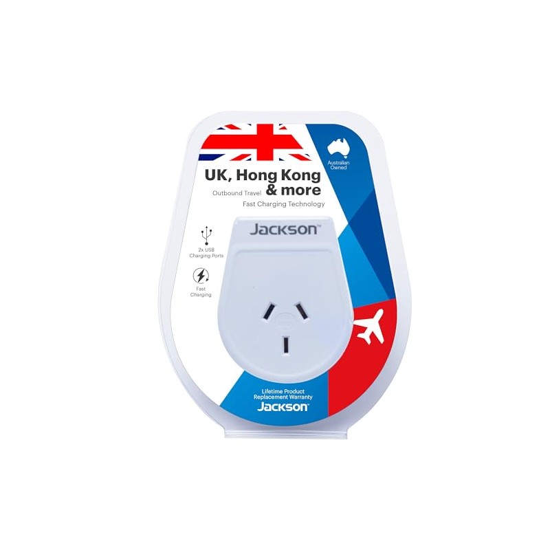 Jackson AUS - UK & HK USB-A Travel Adapter, White