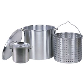 Professional Grade 80 Quart All Purpose Boiling Pot with Basket (3pc) plus a Bonus 12 Quart Stock Pot (2pc) .
