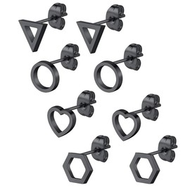 Black Simple Geometric Stud Earring for Women Men Man, 4 Pairs Hypoallergenic, 8mm Wide Small Triangle/Circle/Hexagon/Heart Tiny Dainty Ear Stud Set