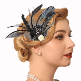 Yokawe 1920s Feather Hair Clips Flapper Gatsby Feather Pearl Hair Accessories for Women (Black)