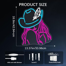Cowgirl Neon Sign for Wall Decor – Cowgirl Hat Light with Aesthetic Pink Glow, USB Powered Dimmable Western Style Decor for Bedroom, Dorm Room, Vanity Space, Teen Girl Room, Birthday Gift Idea