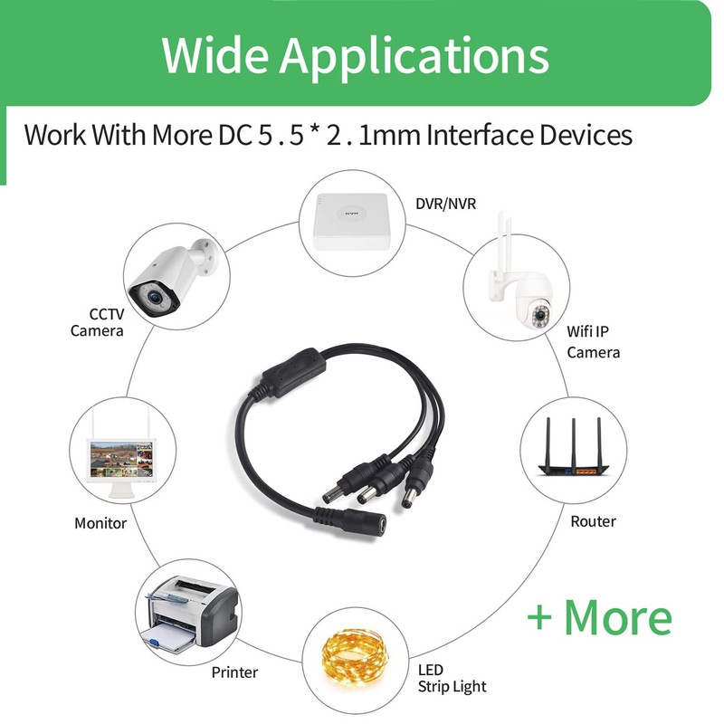 Security-01 2-Pack 1 to 3 Way DC Power Splitter Cable,