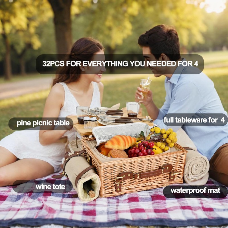 Multifunctional Wicker Picnic Basket Set for 4 with Blanket and