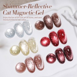 BORN PRETTY Cat Magnetic Eye Gel Nail Polish Reflective Glitter Gel Polish Red Silver Champagne Gold Glitter Gel Nail Polish 6PCS Set