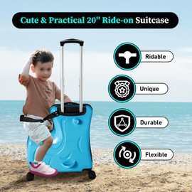 MUSESPANI 20" Ride-on Suitcase for Kids with Double Spinner Wheels-loading 66lbs, Carry-on Tollder Luggage with Wheels for Kids aged 3-6 years old, Travel Suitcase with Password Lock (blue)