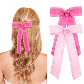 2PCS Hair Bows for Women Girls, Bow for Hair Slides Metal Clips Cute Ruffled Edge Satin Ribbon Accessories for Toddlers Teens Kids(Hot Pink,Pink)