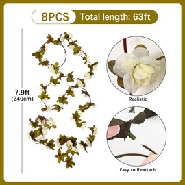 8Pcs 63Ft Cream Rose Garland, Fake Flower Vines, Artificial Vine Flowers, Rose Hanging Garland for Party Wedding, Garden, Room Table, Christmas, Backdrop Wall Arch Decor