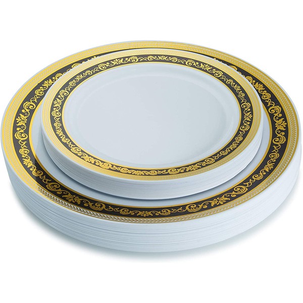 Posh Setting Royal Collection Combo Pack China Look White, Black and Gold Plastic Plates,(Includes 20 10.25'' Dinner Plates and 20 7.25'' Salad Plates),Disposable Plastic Dinnerware