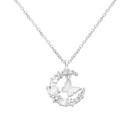 Butterfly Necklaces For Women, Silver Blue Rhinestone Moon Crystal Pendant Necklace Non Tarnish Trendy Sapphire Statement Necklace Anniversary Holiday Jewelry Gift (Minimalist Elegance, Silver)