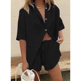 Fixmatti Women 2 Piece Outfit Summer Short Sleeve Top and Shorts Sweatsuit Set, Z-black, Large