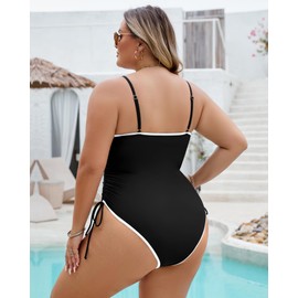 Jolefille Plus Size One Piece Swimsuit for Women Tummy Control Bathing Suit High Cut Drawstring Swim Suit Modest Swimwear Black