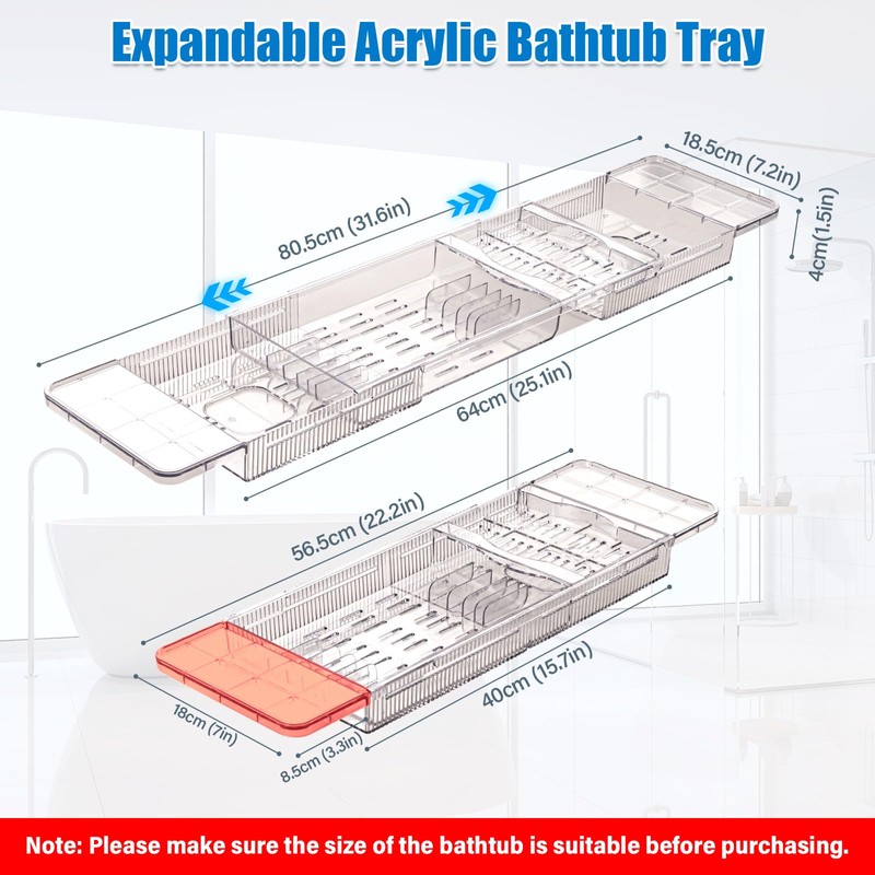 HOMEE Acrylic Bathtub Tray, Expandable Bath Caddy Tray for Bathtub,
