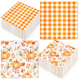 FYSUIMU 50Pcs Fall Paper Napkin Pumpkin Maple Leaves Plaid Disposable Luncheon Napkins Double-Printed Dinner Hand Napkins for Autumn Harvest Thanksgiving Party Table Decor