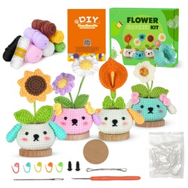 SERENI Crochet Kit for Beginners, Crochet Kit for Adults, 4PCS Flower Crochet Starter Kit with Step-by-Step Video Tutorials, Fun & Relaxing Craft Kit with Hooks & Tools (40%+ Yarn)
