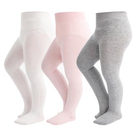 hakugoo Baby Tights Toddler Cable Knit Leggings 3 Pack Cotton Thick Seamless Warm Stockings Pantyhose 3t 2t 4t for Baby Girl Toddlers Girls(White+Pink+Light Grey, 2-4 Years)