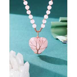 Jovivi Natural Rose Quartz Healing Crystals Necklace Wire Wrapped Crystal Heart Life Tree Chakra Gemstone Pendant Necklace Mothers Day Christmas Gifts