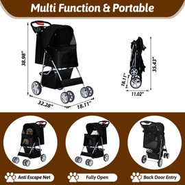 Azaeahom Pet Stroller, 4 Wheels Pet Strolling Cart for Medium/Small Dogs and Cats, Foldable Cat Jogger/Dog Stroller with Cup Holder, Storage Basket, Breathable Mesh, All-Season Pet Carrier, Black
