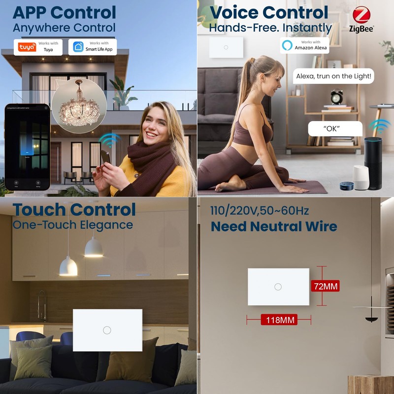 LOUYSGEN Zigbee Smart Switch 118X72X34MM,Need Zigbee Hub and Neutral Wire,2.4GHz