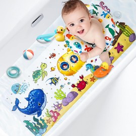 Kids Bath Mat with Ocean Theme Design, 40x16 inches, Non-Slip with 200 Suction Cups, Cartoon Sea Animals Pattern (Whale + Submarine, 40 * 16in)