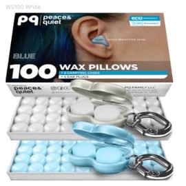 Peace&Quiet | PQ 100 Wax Ear Plugs for Sleeping - Silicone Wax Earplugs for Sleeping and Swimming, Gel Ear Plugs for Noise Cancelling, Sleeping Earplugs, Sound Blocking 32 Db (100 Pillows), White Blue