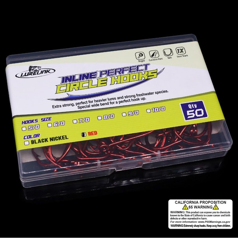 LURELINK-Inline-Circle-Hooks-Saltwater-for-Catfish-Bass-Octopus-Hooks-Fishing-Hook-Freshwater 50 Pack (5/0 50-Pack, Red)